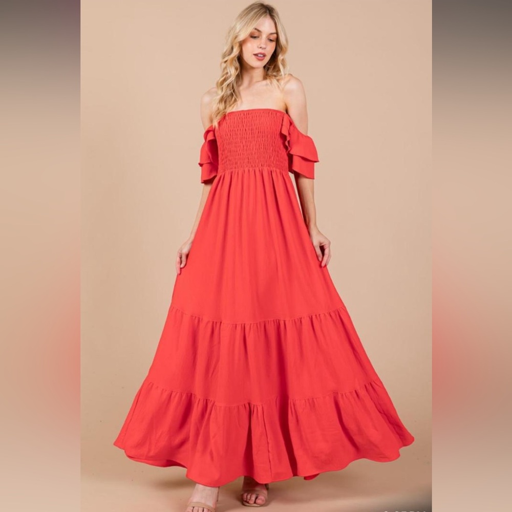 Boho Solid Flared Sleeve Long Tiered Dress